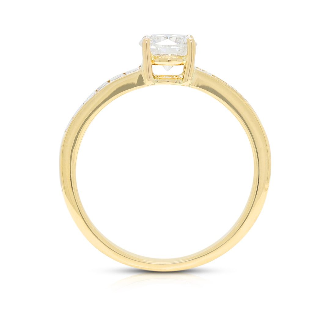 Gilded 0.81ct Natural Diamond Round Brilliant and Tapered Pave Ring in 18K Yellow Gold