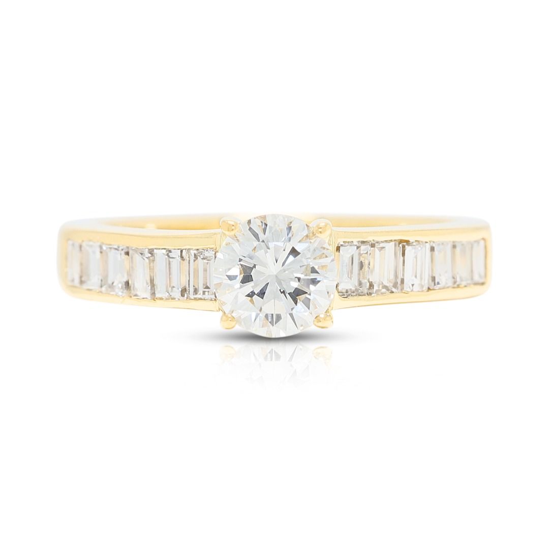 Gilded 0.81ct Natural Diamond Round Brilliant and Tapered Pave Ring in 18K Yellow Gold