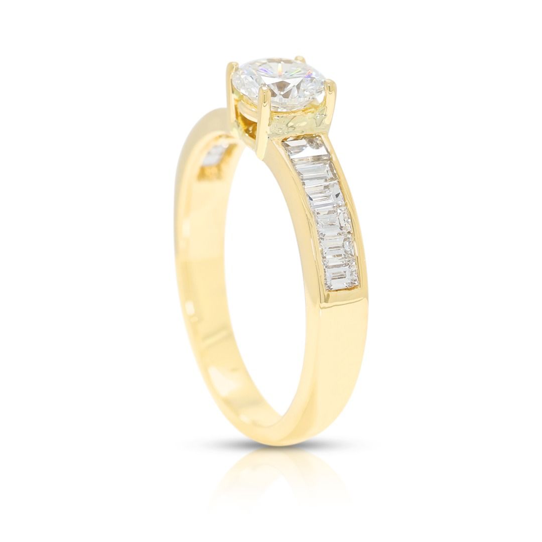 Gilded 0.81ct Natural Diamond Round Brilliant and Tapered Pave Ring in 18K Yellow Gold