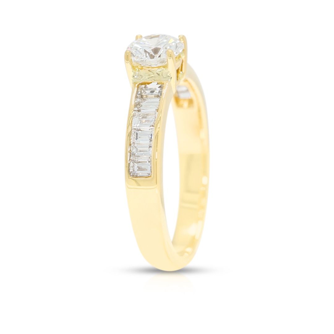 Gilded 0.81ct Natural Diamond Round Brilliant and Tapered Pave Ring in 18K Yellow Gold