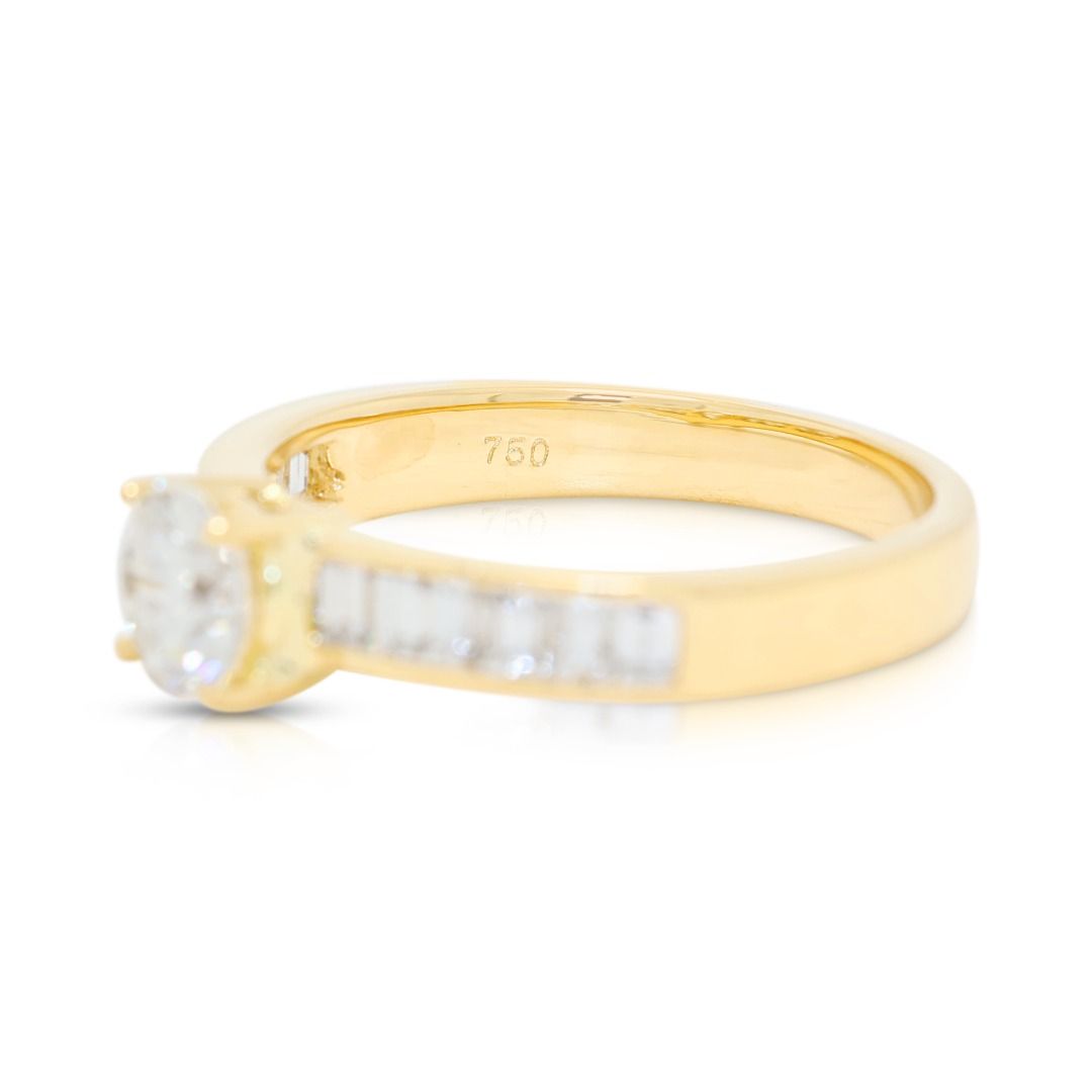 Gilded 0.81ct Natural Diamond Round Brilliant and Tapered Pave Ring in 18K Yellow Gold