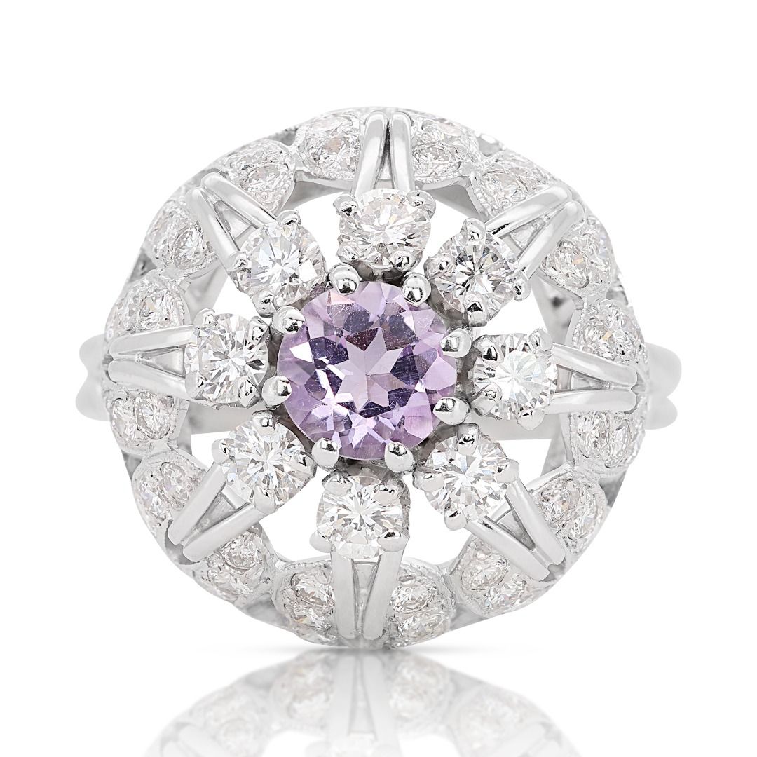 Glamorous Half carat Amethyst Ring with Natural Diamond in 14K White Gold - NGI Certified