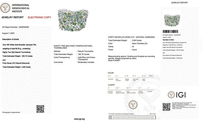 Glamorous 169.58ct Tourmalines and Diamonds Bracelet in 18k White Gold - IGI Certified