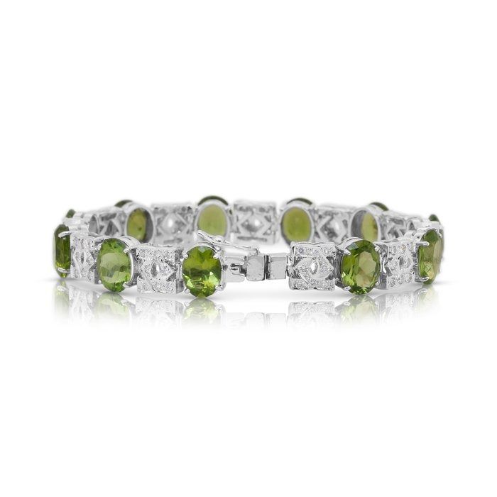 Glamorous 27.42ct Peridots and Diamonds Bracelet in 14k White Gold - IGI Certified