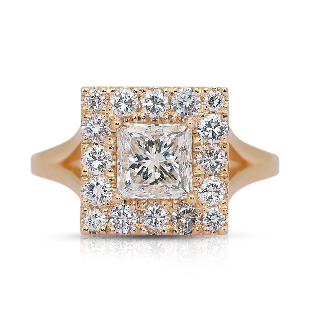 Glamorous 2 carat 28 points Natural Diamond Halo Ring in 18K Yellow Gold with IGI