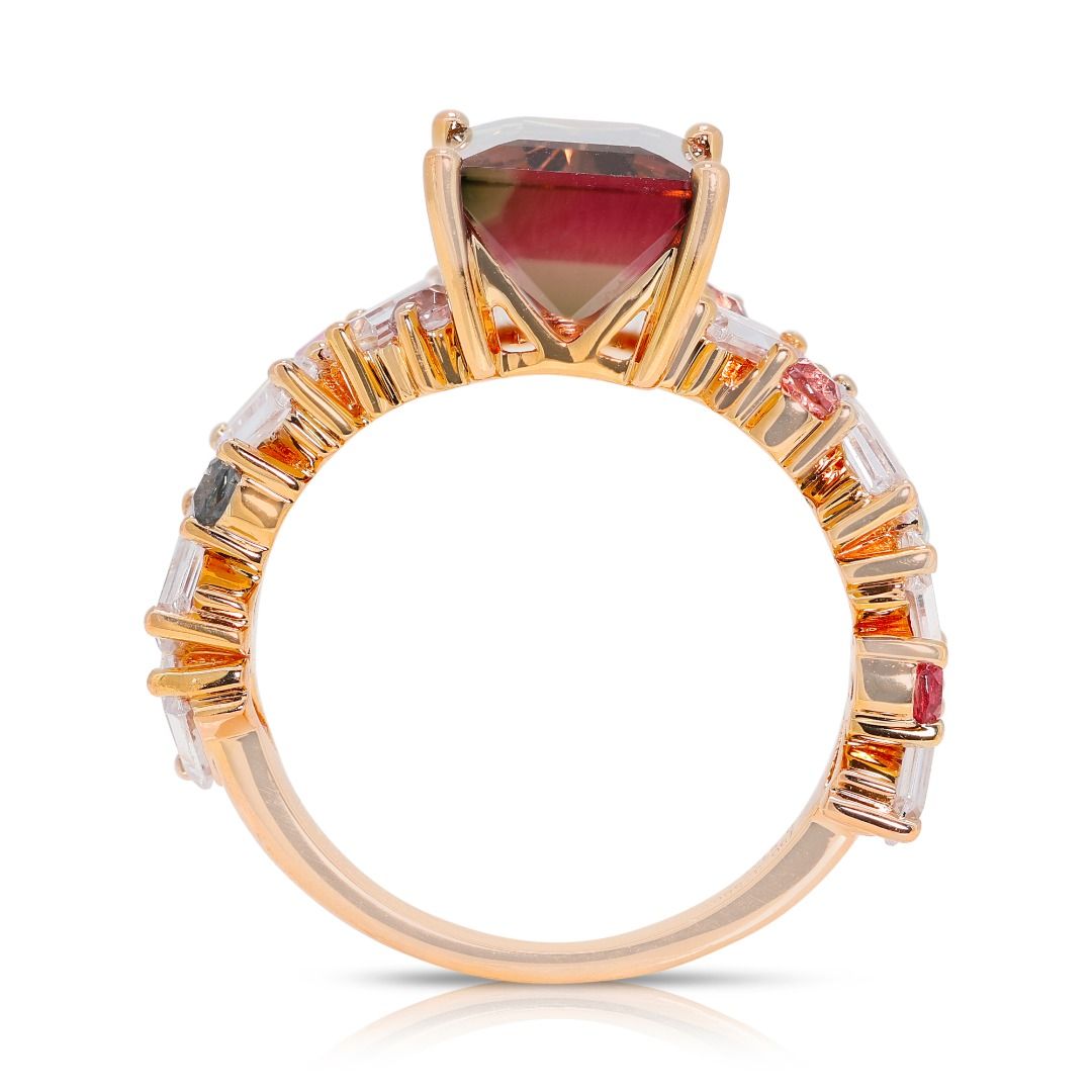 Stylish Multicolor 4.13ct Tourmaline Cluster Ring in 18k Rose Gold - GCI Certified