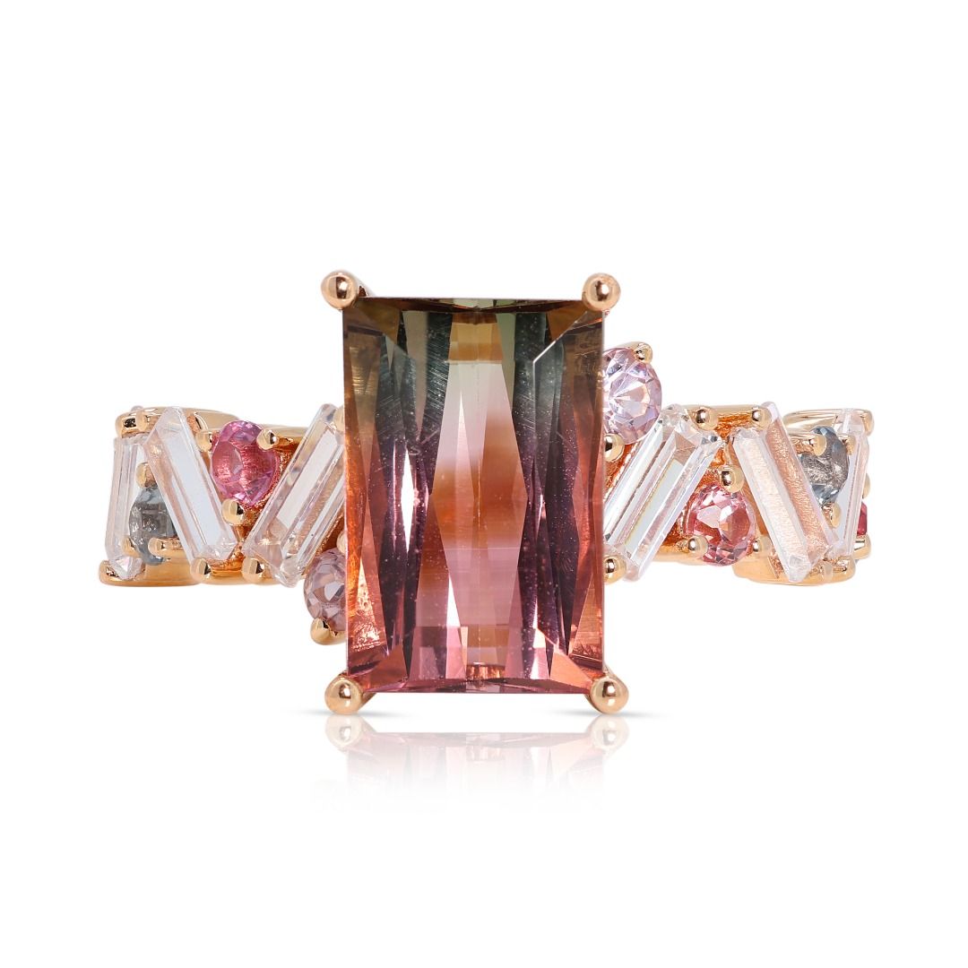 Stylish Multicolor 4.13ct Tourmaline Cluster Ring in 18k Rose Gold - GCI Certified
