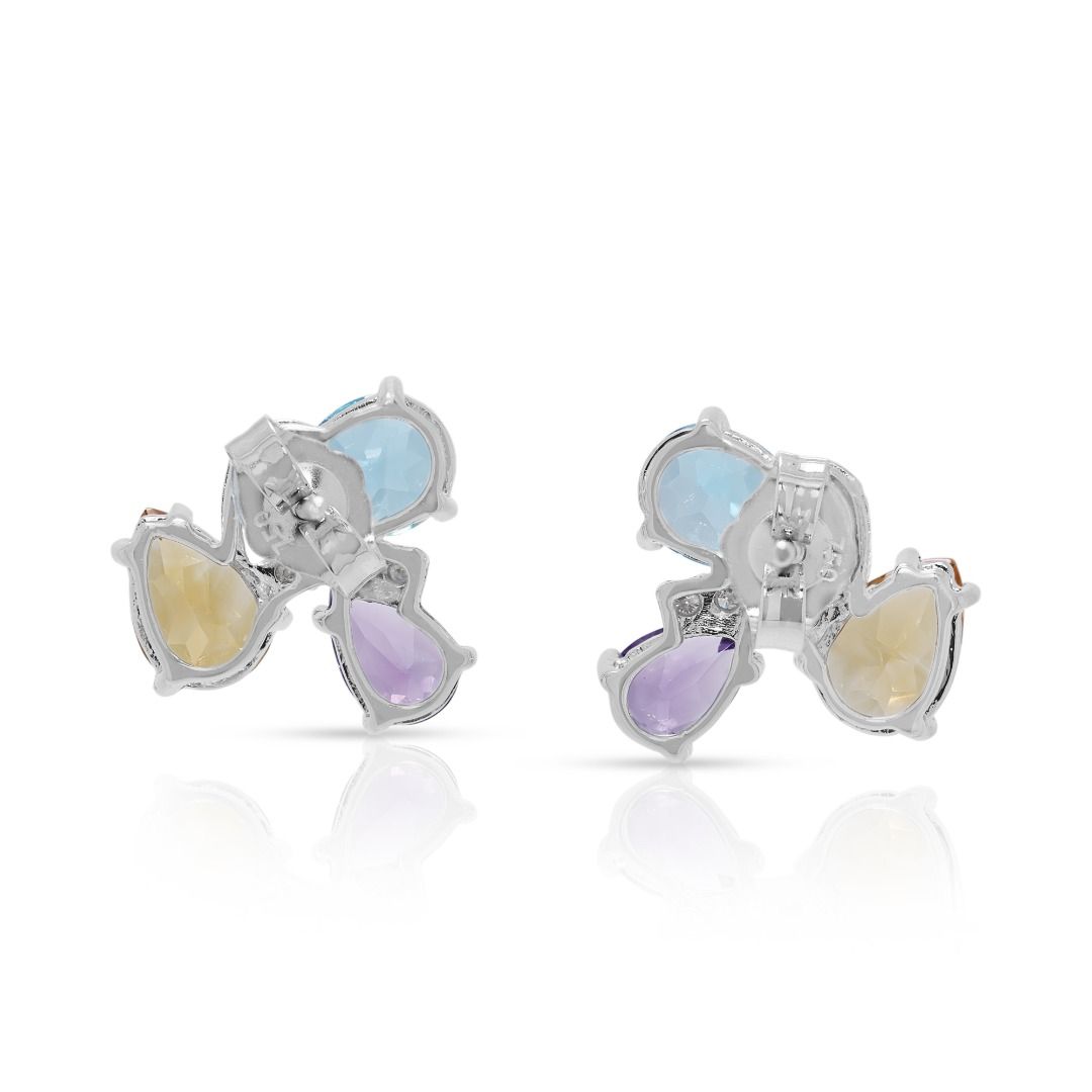 Gleaming 4.06ct Multi-Gemstone & Natural Diamond Stud Earrings in 18K White Gold