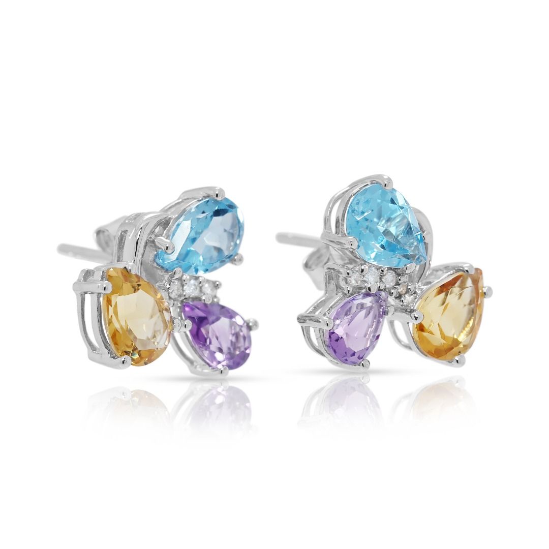Gleaming 4.06ct Multi-Gemstone & Natural Diamond Stud Earrings in 18K White Gold