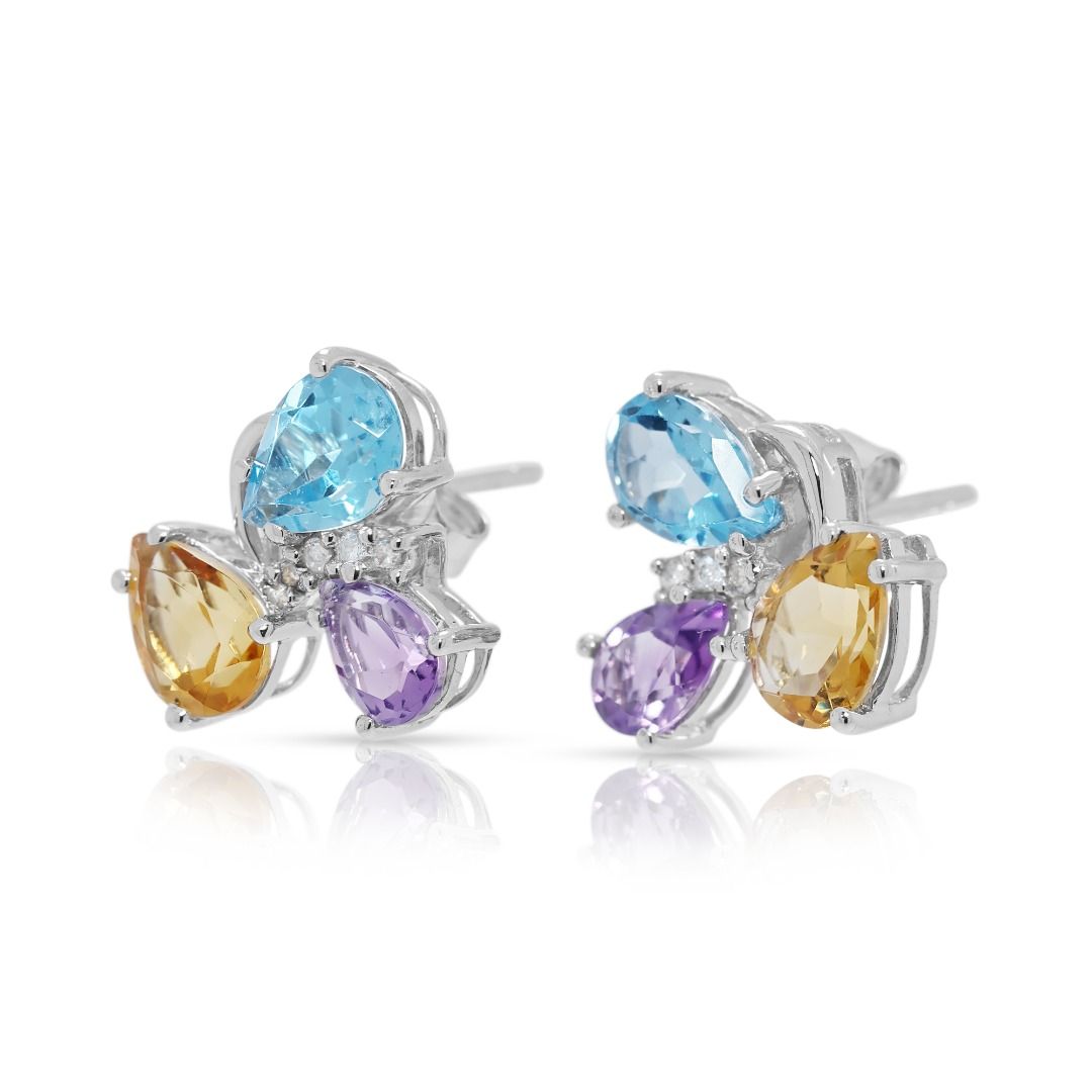 Gleaming 4.06ct Multi-Gemstone & Natural Diamond Stud Earrings in 18K White Gold