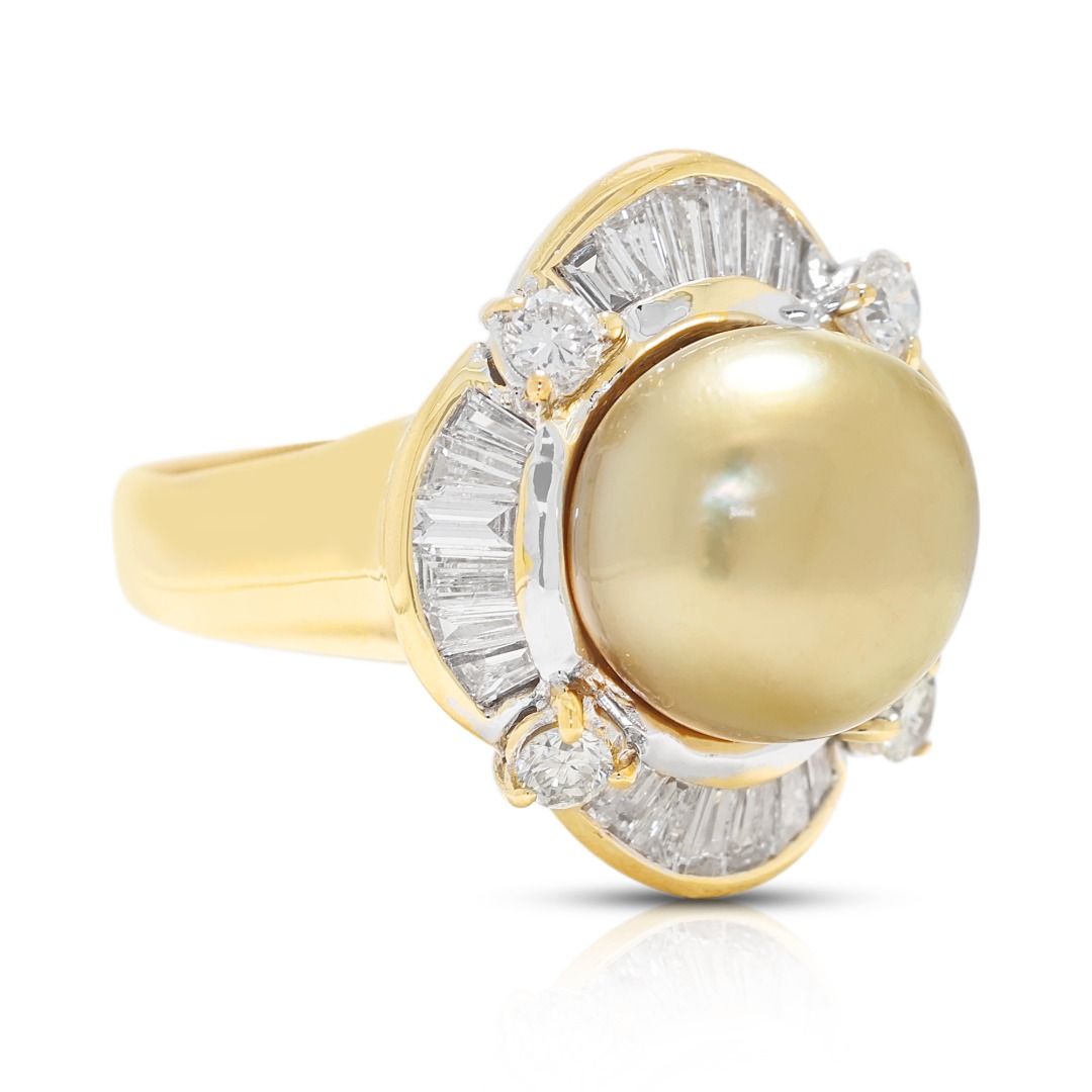 Glowing 0.60ct Natural Diamond and Golden South Sea Pearl Ring in 18K Yellow Gold
