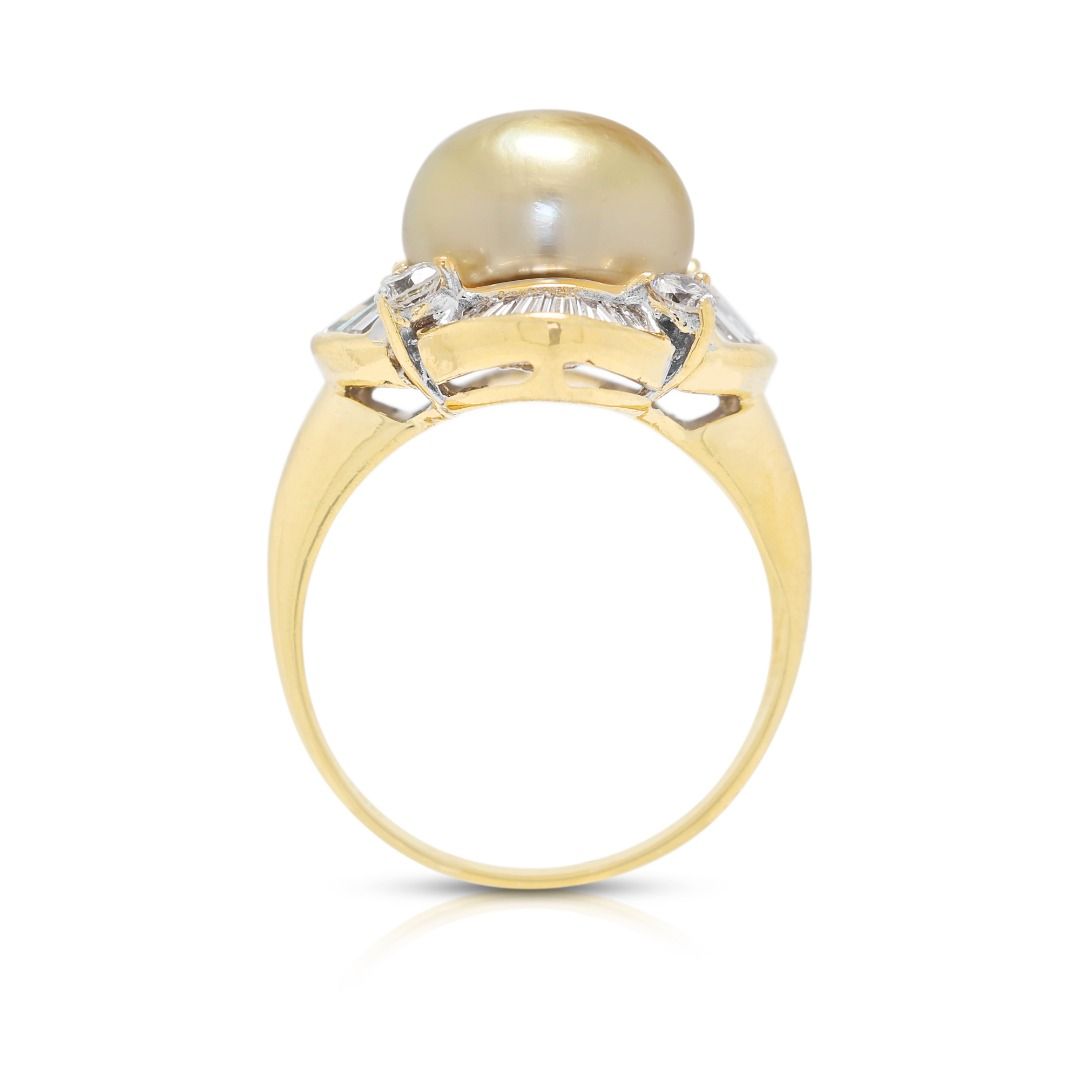 Glowing 0.60ct Natural Diamond and Golden South Sea Pearl Ring in 18K Yellow Gold