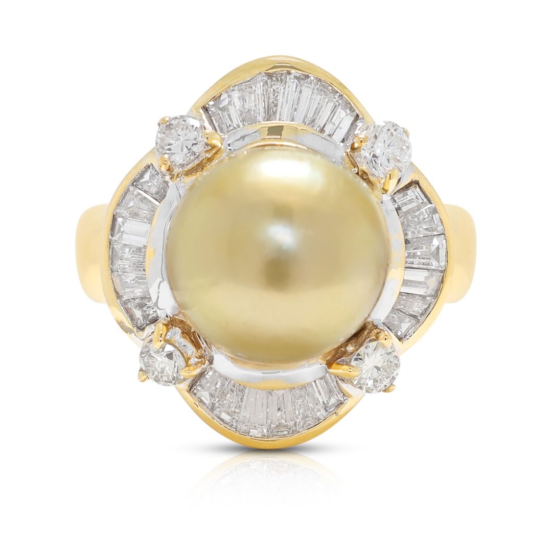Glowing 0.60ct Natural Diamond and Golden South Sea Pearl Ring in 18K Yellow Gold