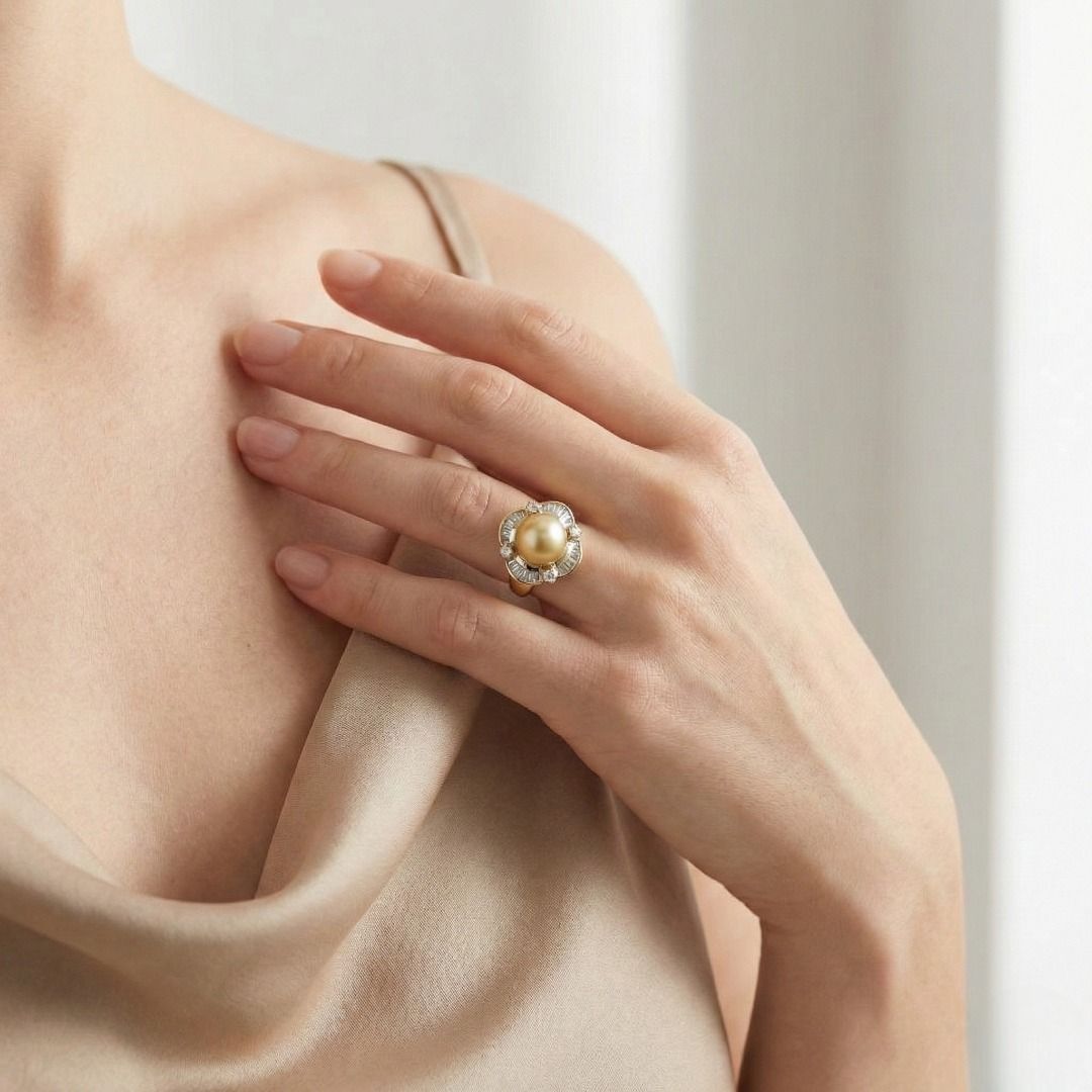 Glowing 0.60ct Natural Diamond and Golden South Sea Pearl Ring in 18K Yellow Gold