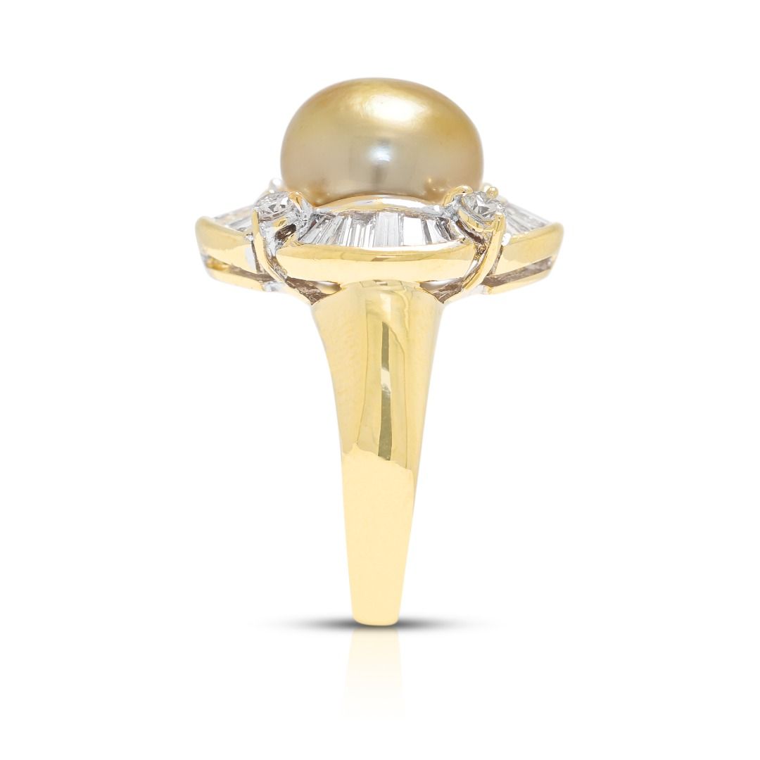 Glowing 0.60ct Natural Diamond and Golden South Sea Pearl Ring in 18K Yellow Gold
