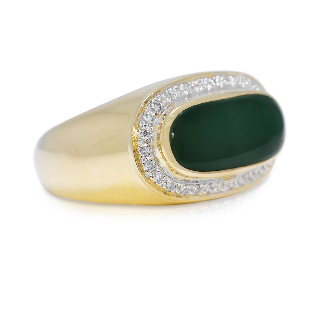 Glowing 4.21ct Jade & Diamond Halo Ring in 18K Yellow Gold (New-Unworn)