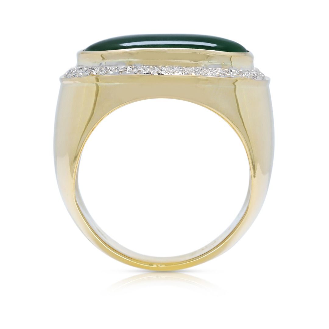 Glowing 4.21ct Jade & Diamond Halo Ring in 18K Yellow Gold (New-Unworn)