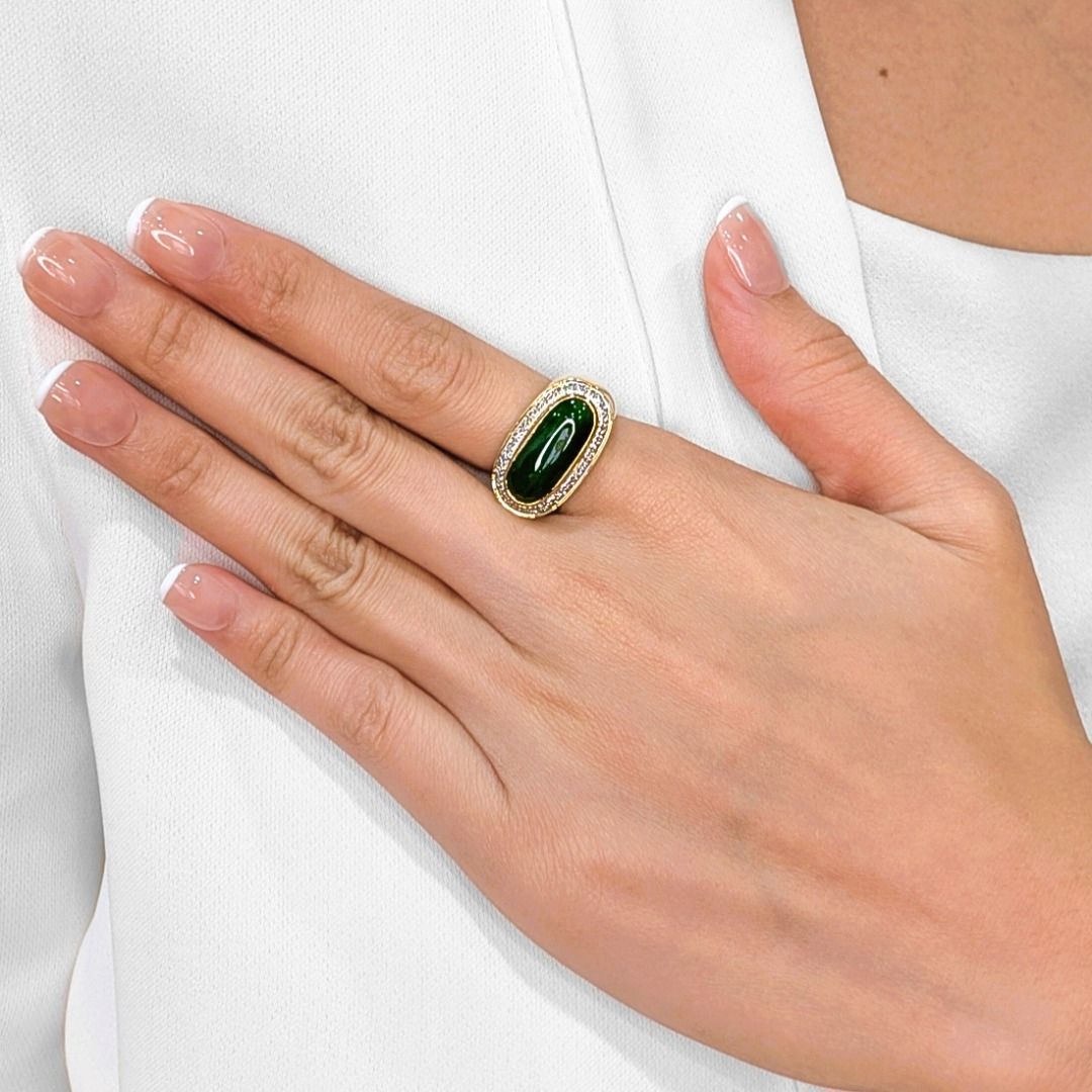 Glowing 4.21ct Jade & Diamond Halo Ring in 18K Yellow Gold (New-Unworn)