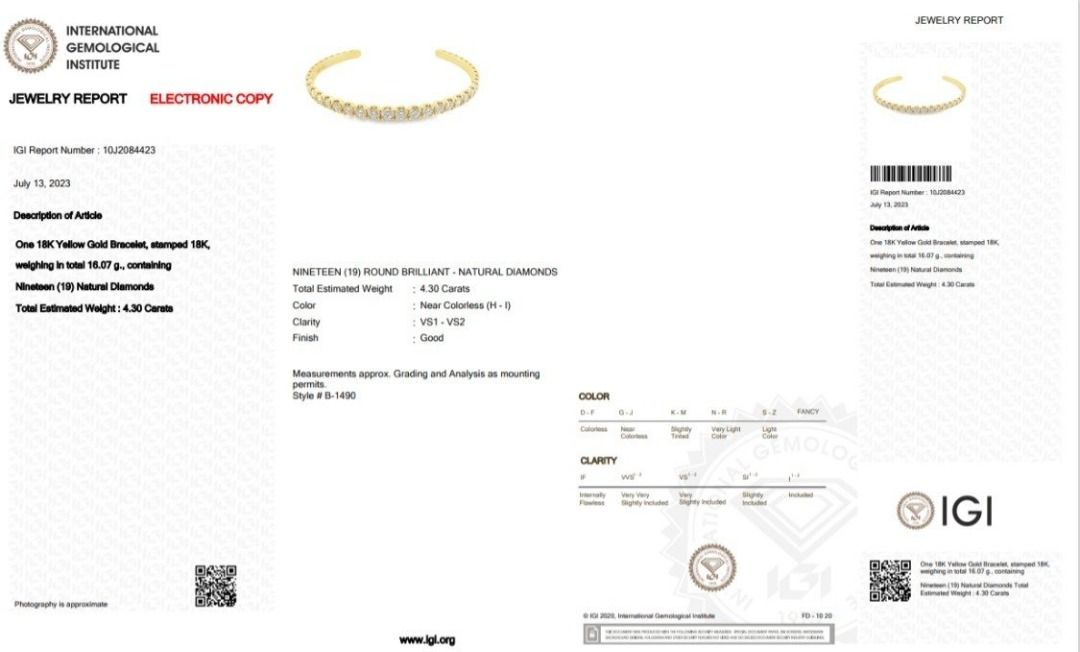 Gorgeous 4.30ct Round Brilliant Open Diamond Bangle - IGI Certificate