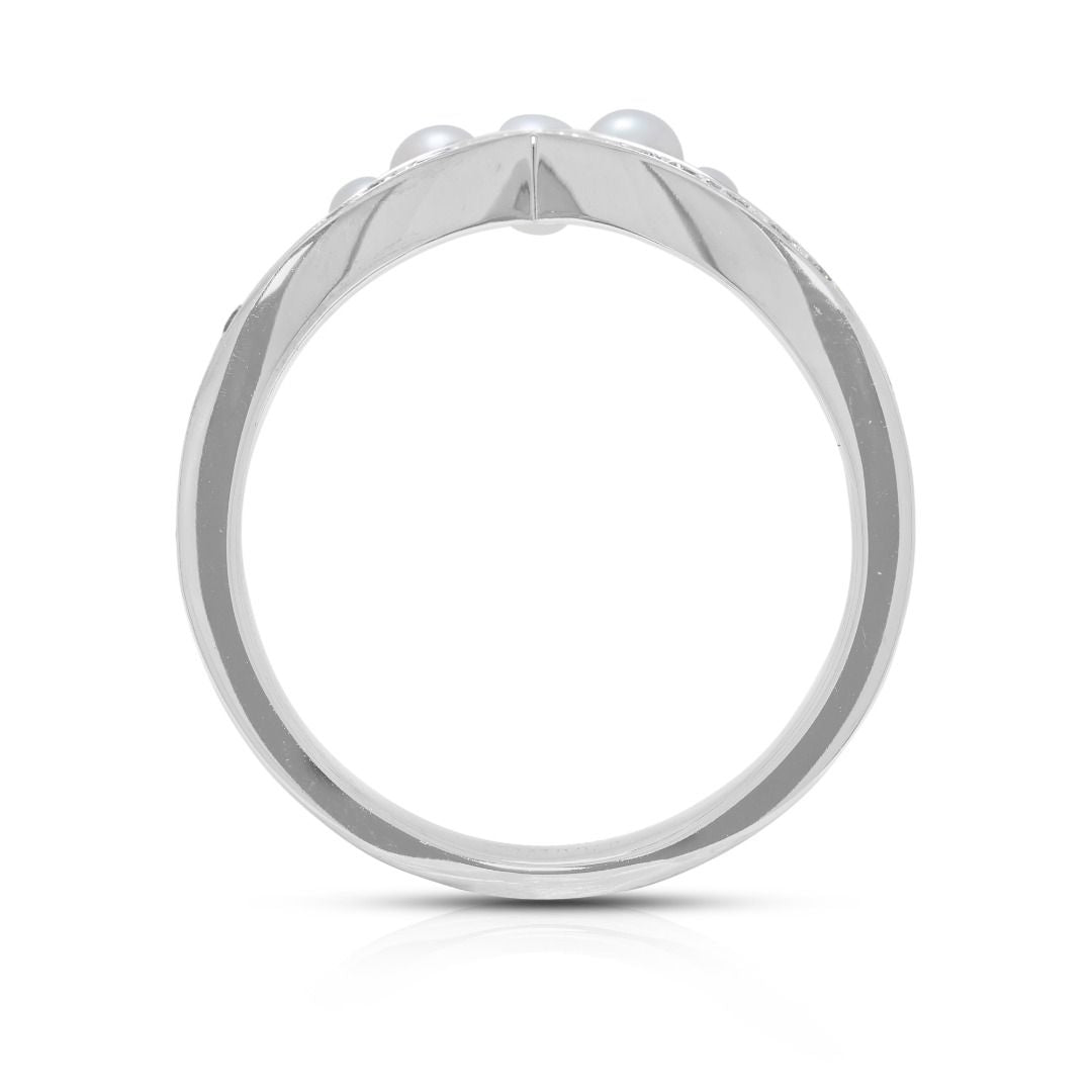 Graceful 0.88ct Natural Diamond & Pearl Chevron 18K White Gold Ring - (Unworn)