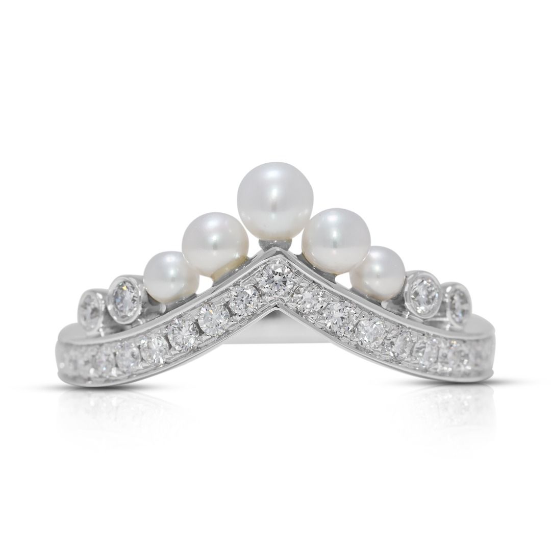 Graceful 0.88ct Natural Diamond & Pearl Chevron 18K White Gold Ring - (Unworn)