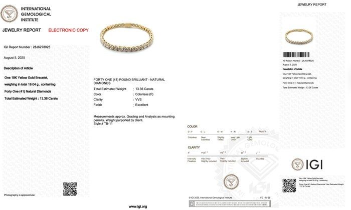 Graceful 13.36ct Diamonds Tennis Bracelet in 18k Yellow Gold - IGI Certified