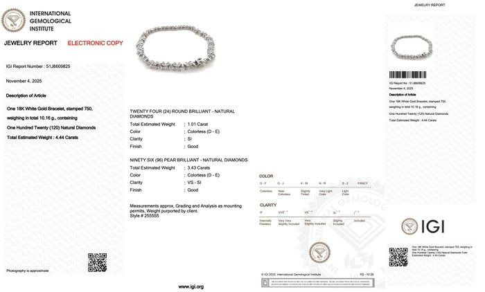 Graceful 4.44ct Diamonds Bracelet in 18k White Gold - IGI Certified