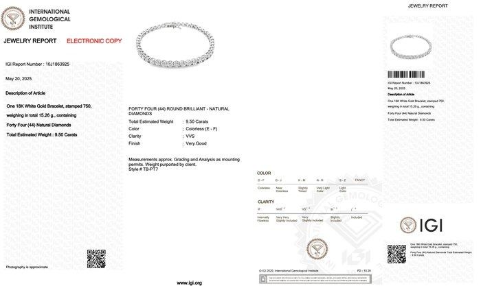 Graceful 9.50ct Diamonds Tennis Bracelet in 18k White Gold - IGI Certified