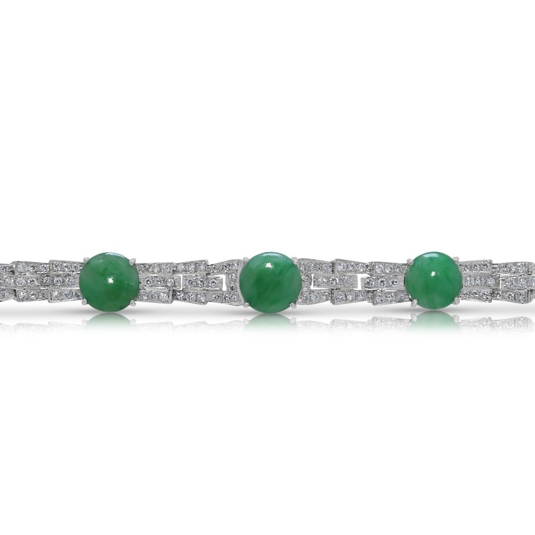 Graceful Jadeite & 1.69ct Diamond Bracelet in 14K White Gold - NGI Certified