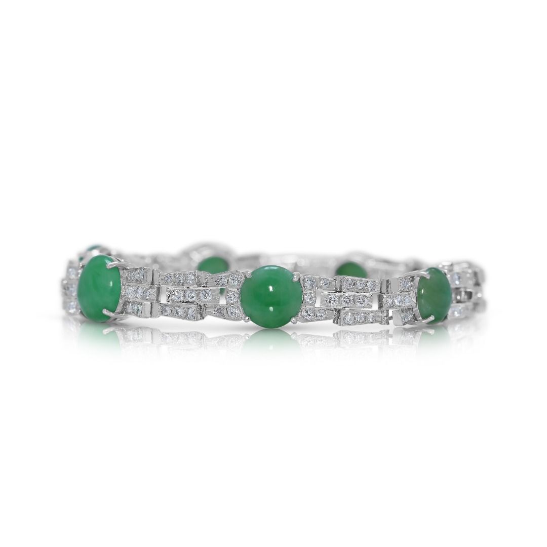 Graceful Jadeite & 1.69ct Diamond Bracelet in 14K White Gold - NGI Certified