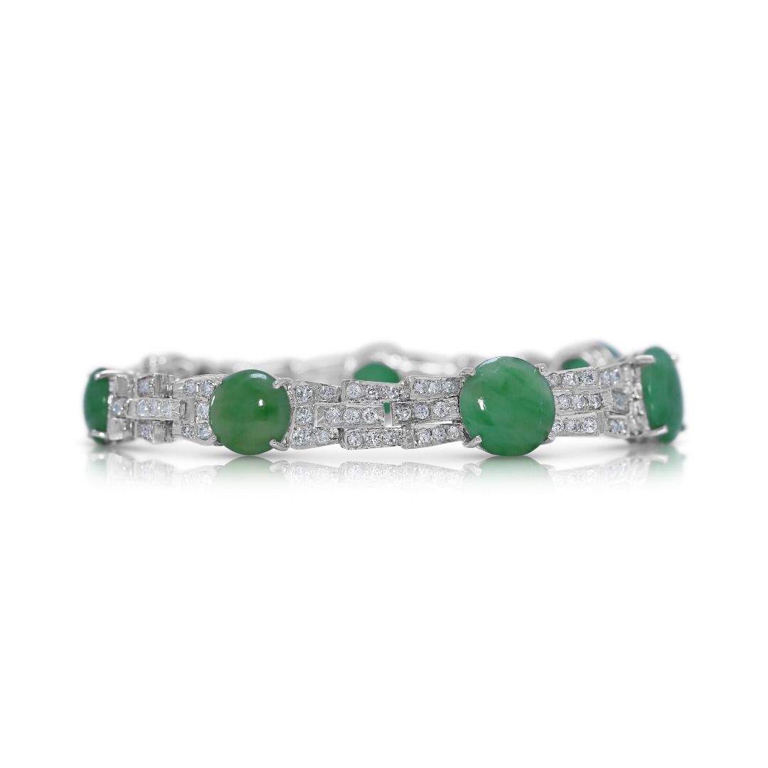 Graceful Jadeite & 1.69ct Diamond Bracelet in 14K White Gold - NGI Certified