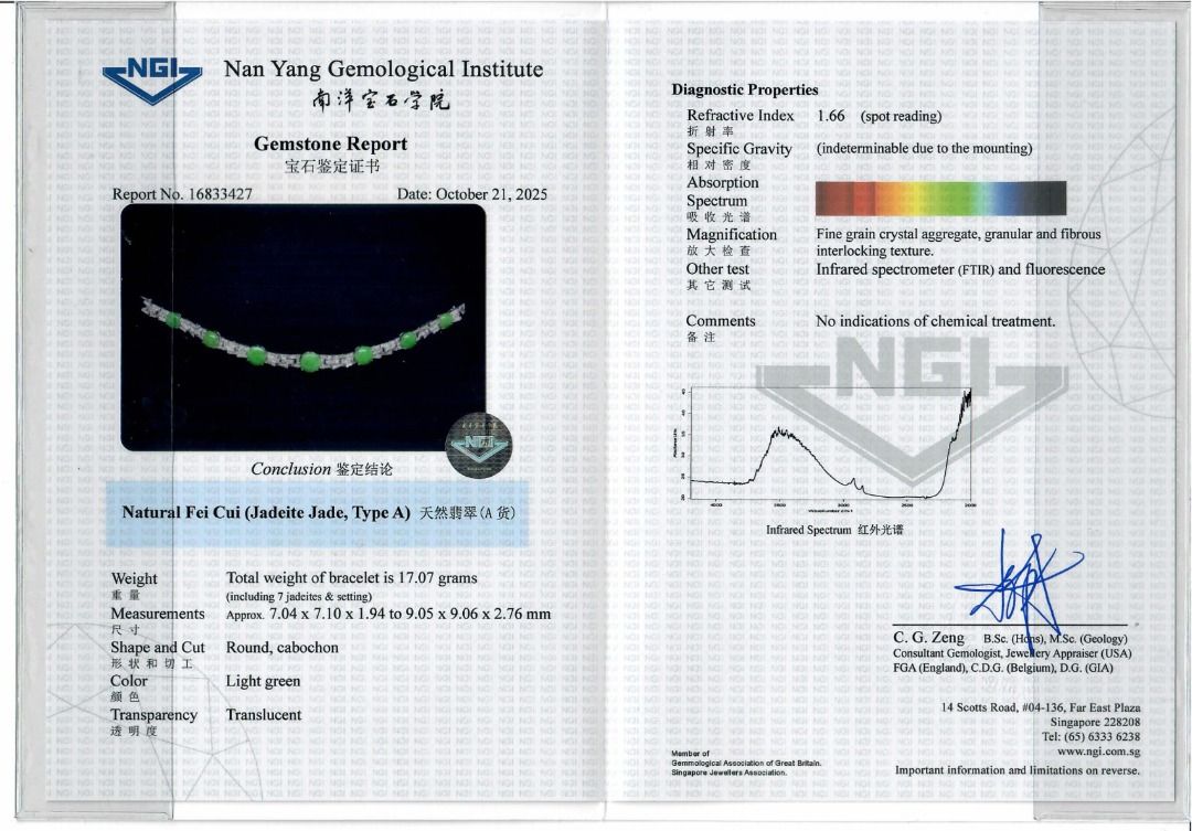 Graceful Jadeite & 1.69ct Diamond Bracelet in 14K White Gold - NGI Certified