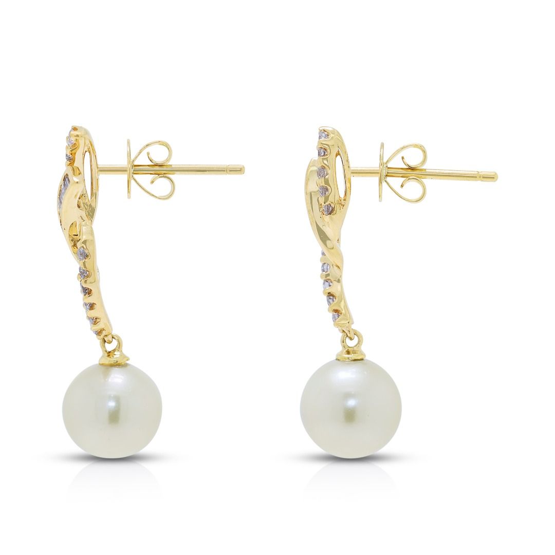 Graceful Pink Pearl & Diamond Drop Earrings in 18K Yellow Gold