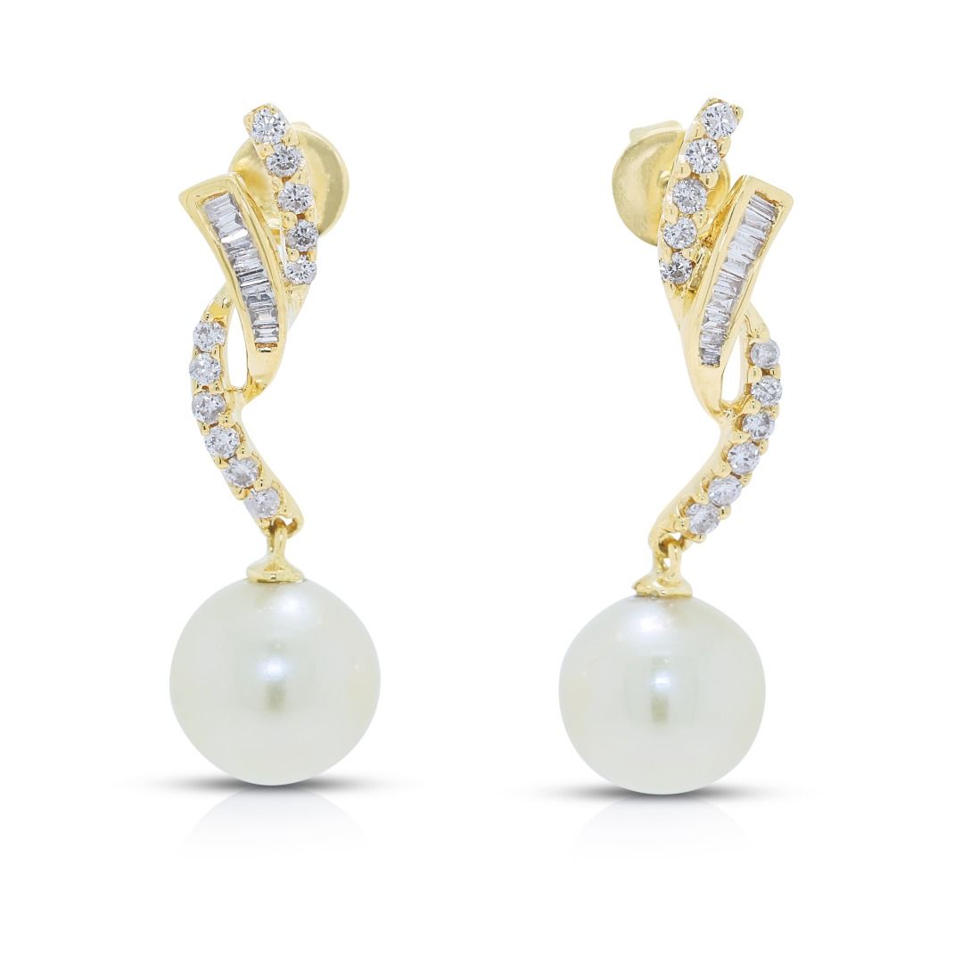 Graceful Pink Pearl & Diamond Drop Earrings in 18K Yellow Gold