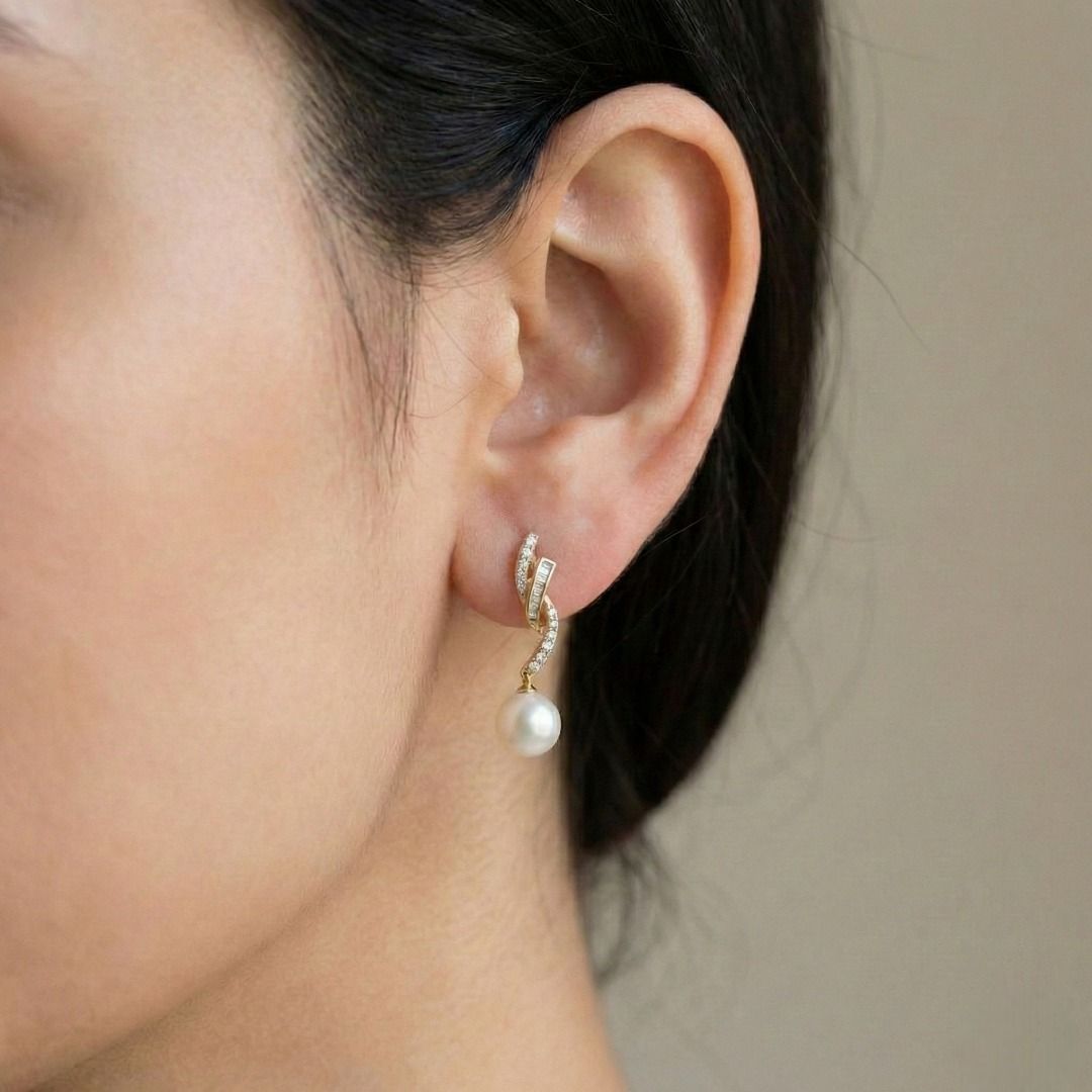 Graceful Pink Pearl & Diamond Drop Earrings in 18K Yellow Gold