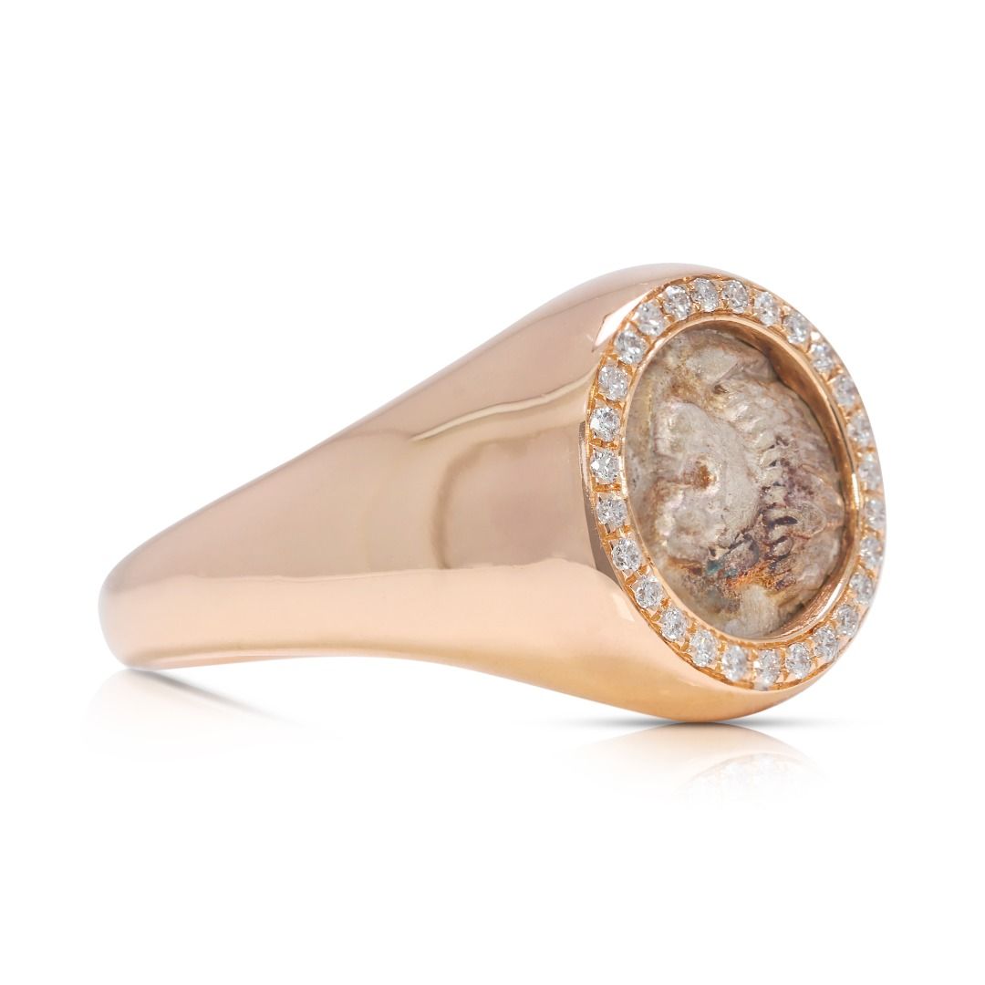 Historic Ancient Greek Lion Coin & 0.13ct Natural Diamond Ring in 18K Yellow Gold