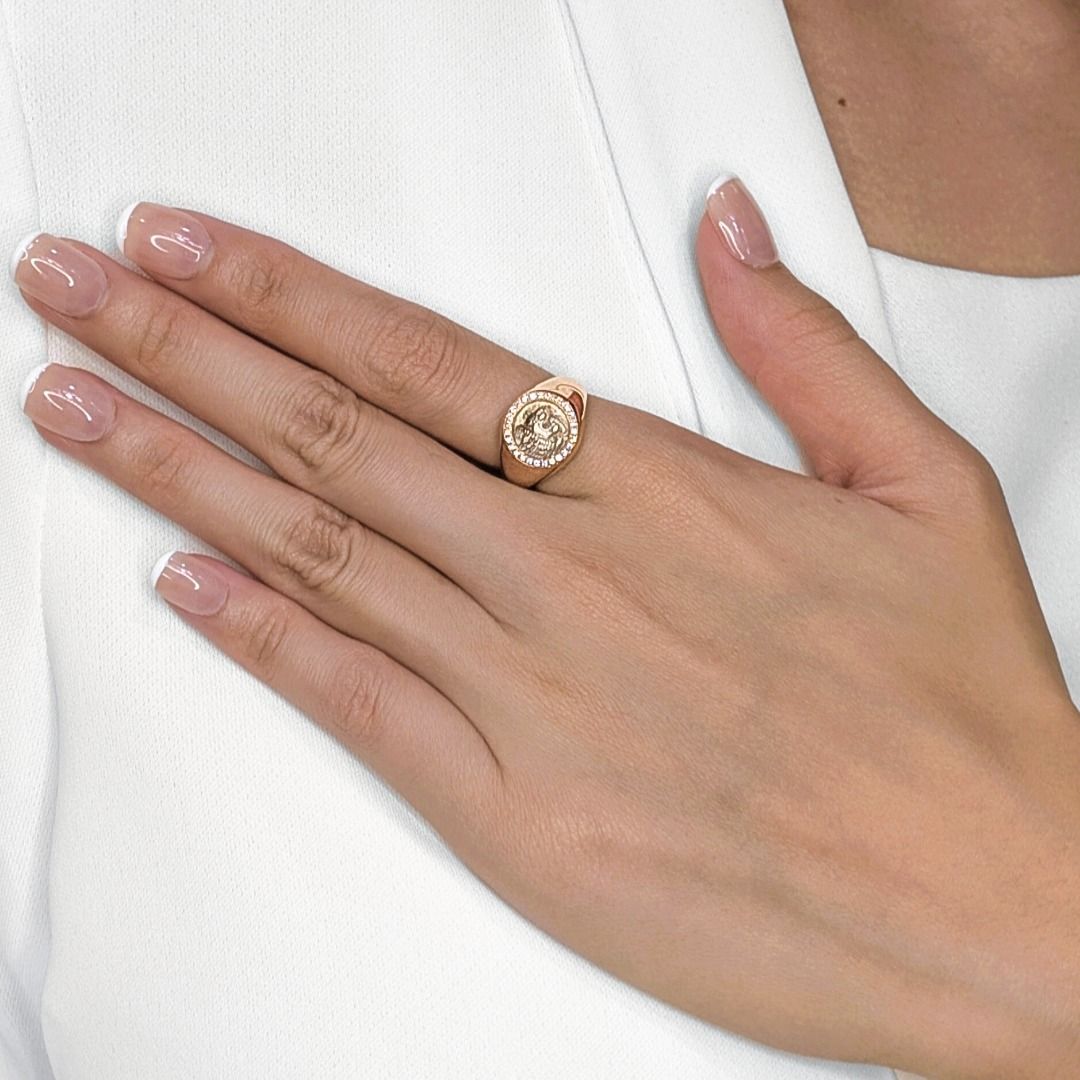 Historic Ancient Greek Lion Coin & 0.13ct Natural Diamond Ring in 18K Yellow Gold