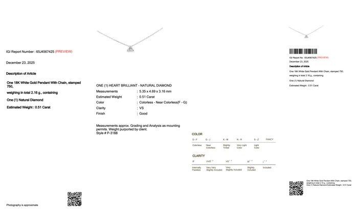 IGI Certified 0.51ct Diamond Solitaire Necklace with Heart-Shaped Pendant in 18k White Gold
