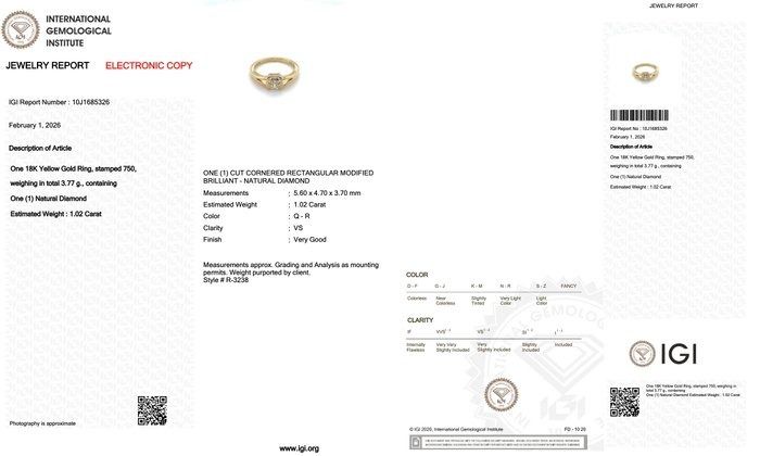 IGI Certified 1.02ct Diamond Solitaire Ring in 18k Yellow Gold