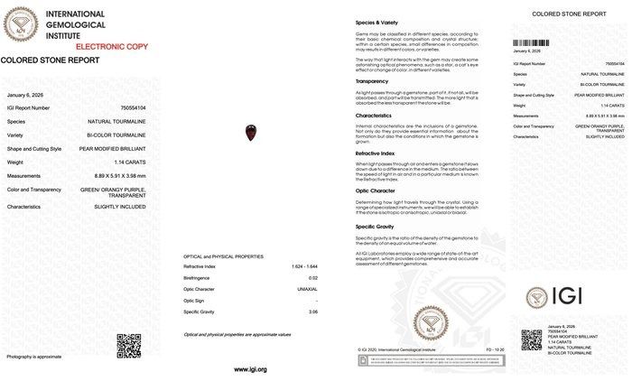 IGI Certified 1.14ct Pear-Shaped Tourmaline