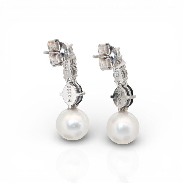 IGI Certified 13.14ct Freshwater Cultured Pearls, Sapphires, and Diamonds Drop Earrings in 18k White Gold