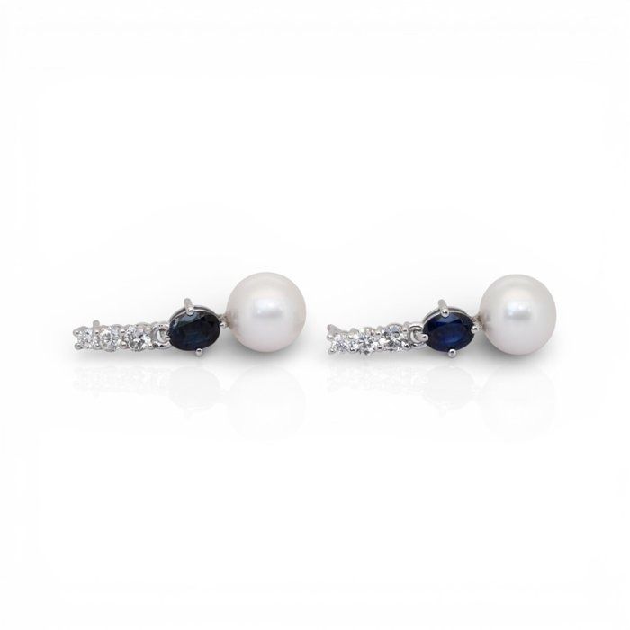 IGI Certified 13.14ct Freshwater Cultured Pearls, Sapphires, and Diamonds Drop Earrings in 18k White Gold