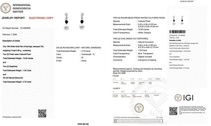 IGI Certified 13.14ct Freshwater Cultured Pearls, Sapphires, and Diamonds Drop Earrings in 18k White Gold