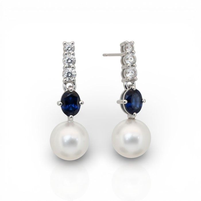 IGI Certified 13.14ct Freshwater Cultured Pearls, Sapphires, and Diamonds Drop Earrings in 18k White Gold