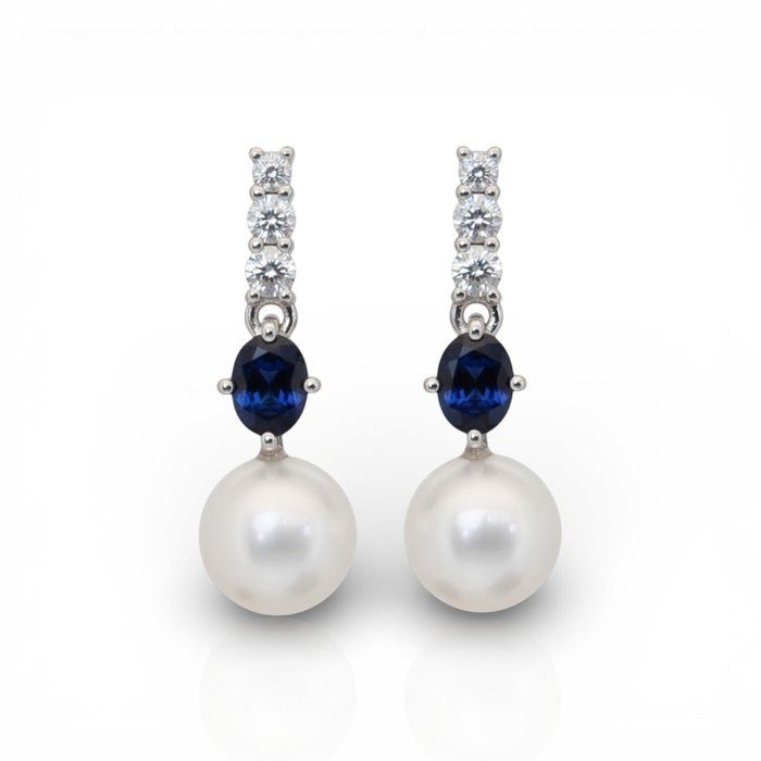 IGI Certified 13.14ct Freshwater Cultured Pearls, Sapphires, and Diamonds Drop Earrings in 18k White Gold