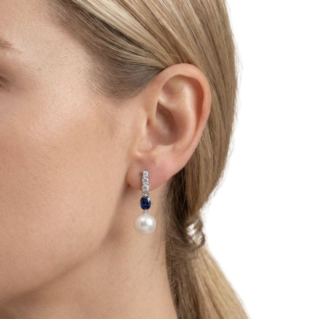 IGI Certified 13.14ct Freshwater Cultured Pearls, Sapphires, and Diamonds Drop Earrings in 18k White Gold