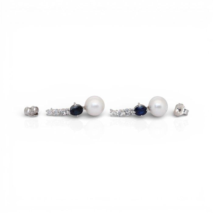 IGI Certified 13.14ct Freshwater Cultured Pearls, Sapphires, and Diamonds Drop Earrings in 18k White Gold