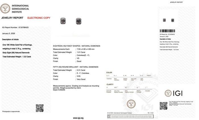 IGI Certified 1.32ct Diamonds Stud Earrings in 18k White Gold