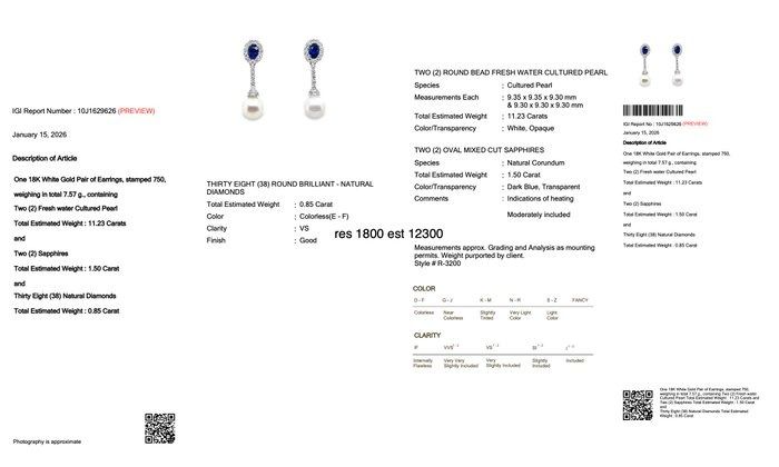 IGI Certified 13.58ct Sapphires, Diamonds, and Freshwater Cultured Pearls Drop Earrings in 18k White Gold