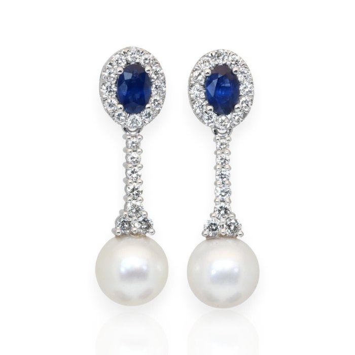 IGI Certified 13.58ct Sapphires, Diamonds, and Freshwater Cultured Pearls Drop Earrings in 18k White Gold